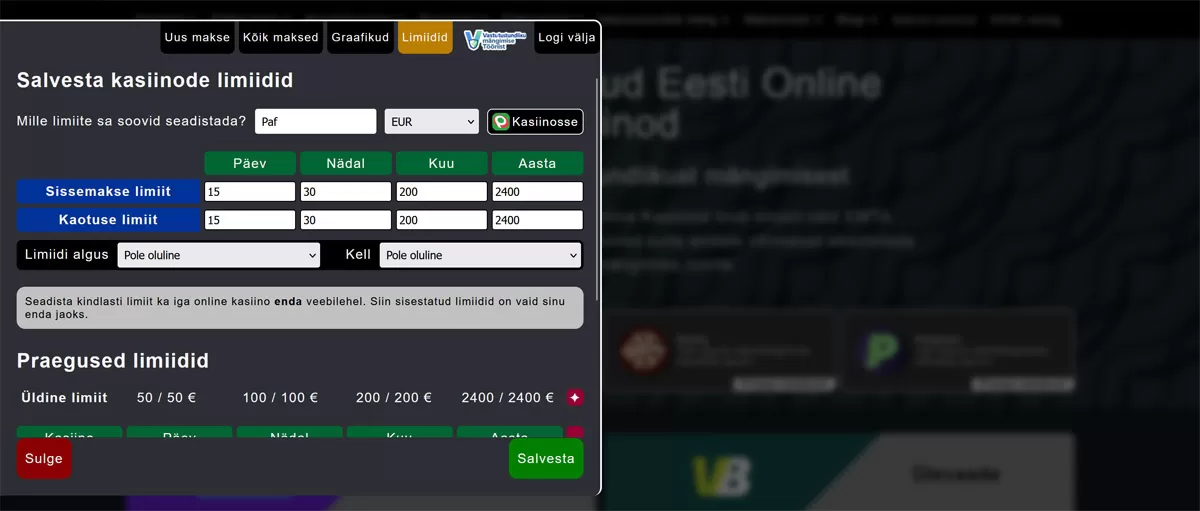 tooriista limiitide seadistamine tooriista limiitide seadistamine