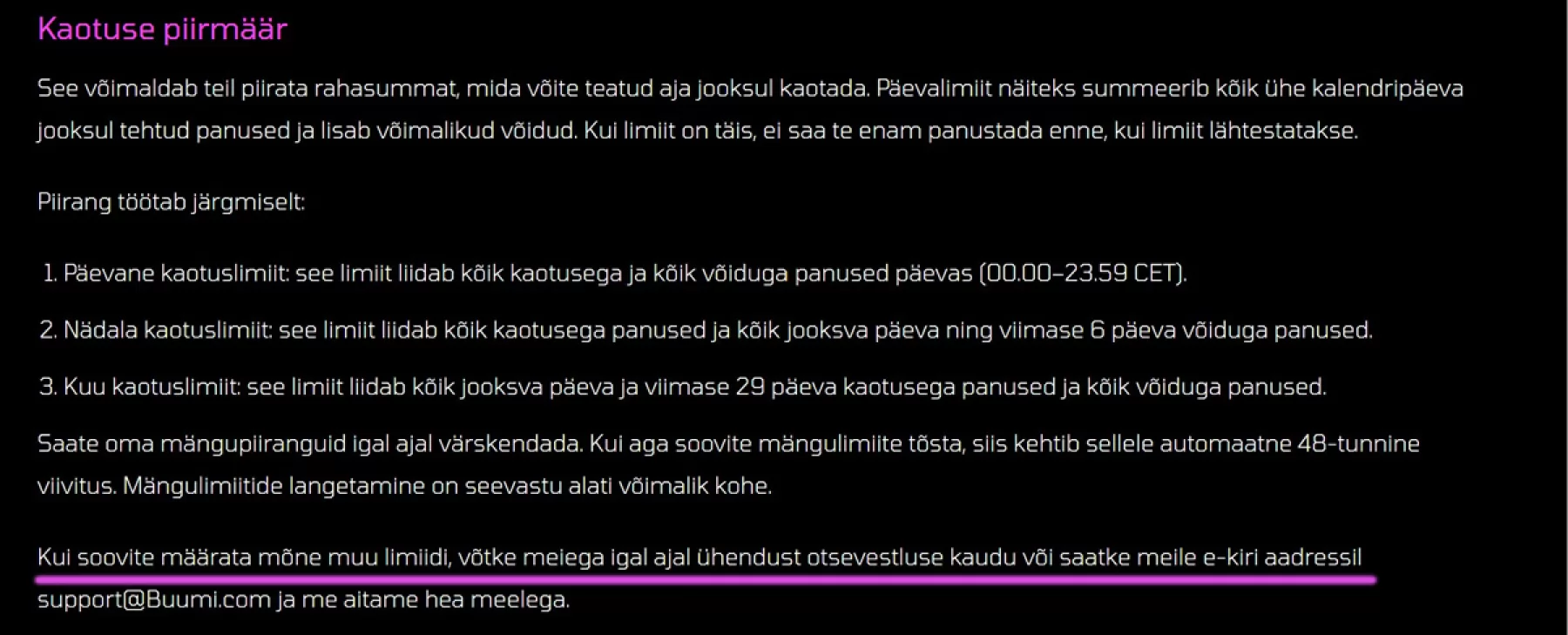 Buumi vastutustundliku mängimise limiitide tekst
