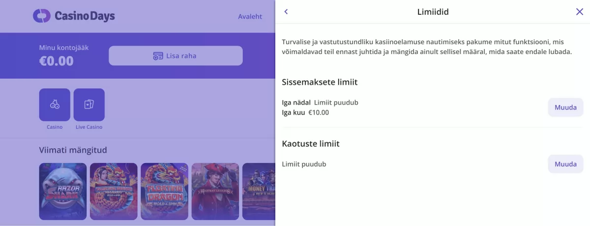 Casinodays limiitide seadistamine