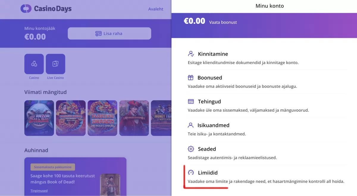 CasinoDays limiidid leiad siit