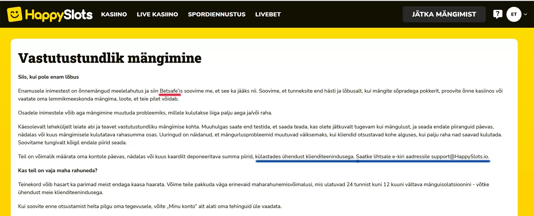 Happyslots vastutustundliku mängimise tekst