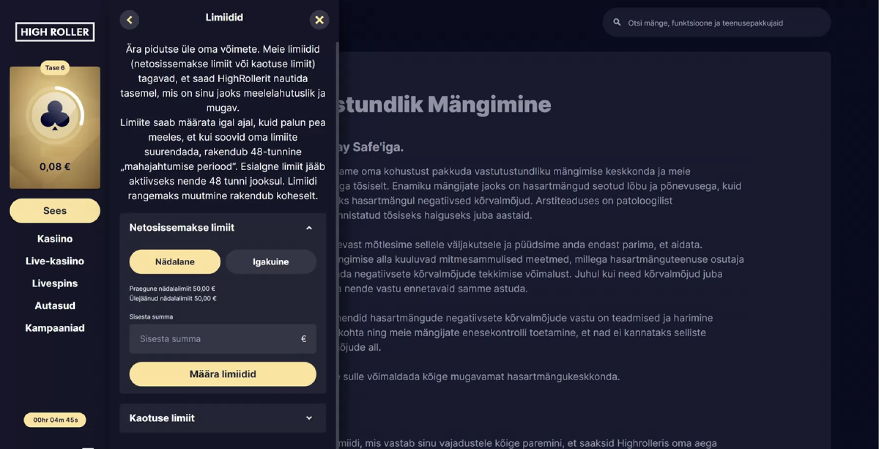 Highroller kasiinos limiitide seadistamine