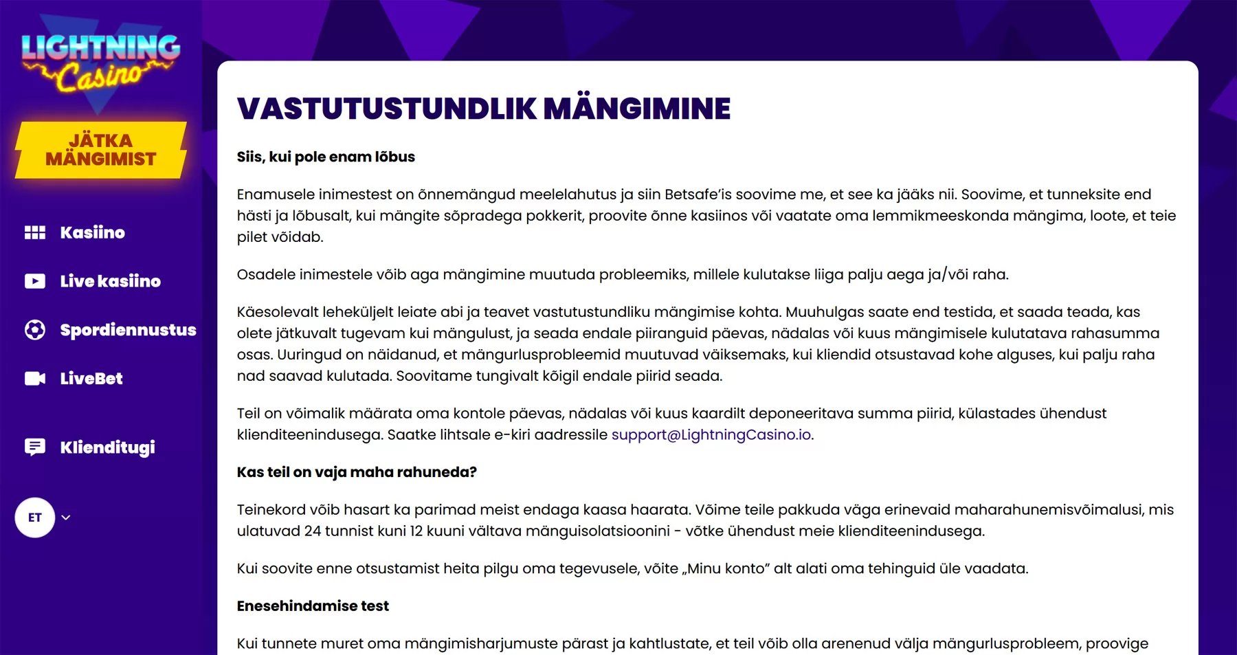 Lightning Casino vastutustundliku mängimise tekst