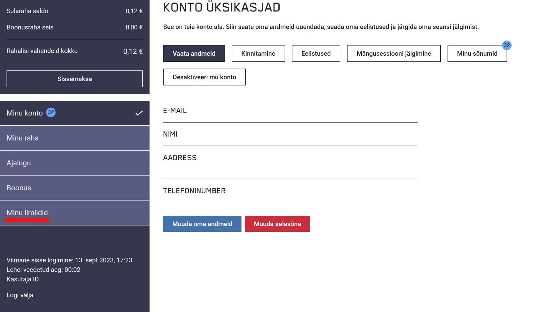 Maria Casino konto nupp