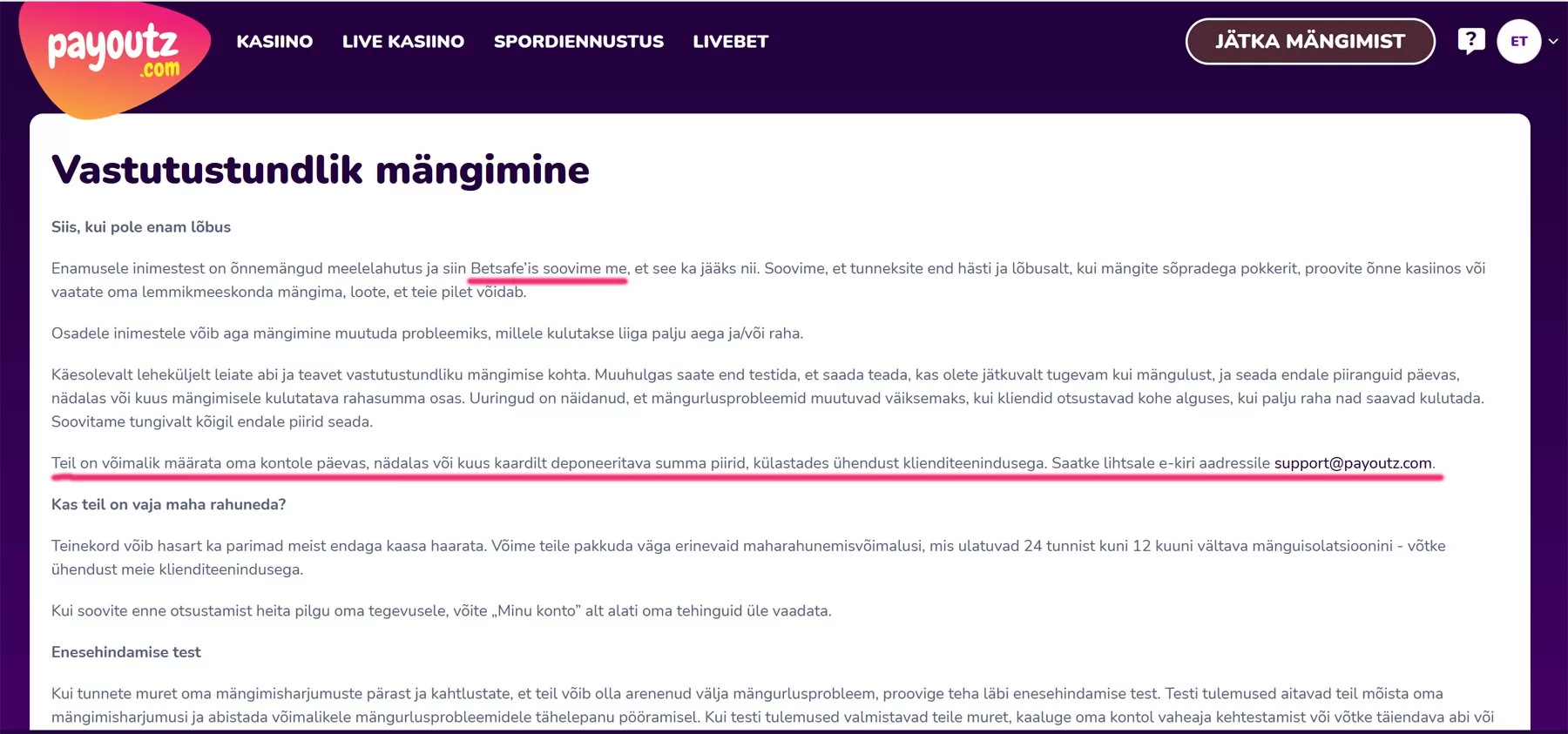 Payoutz kasiino vastutustundliku mängimise lehekülg