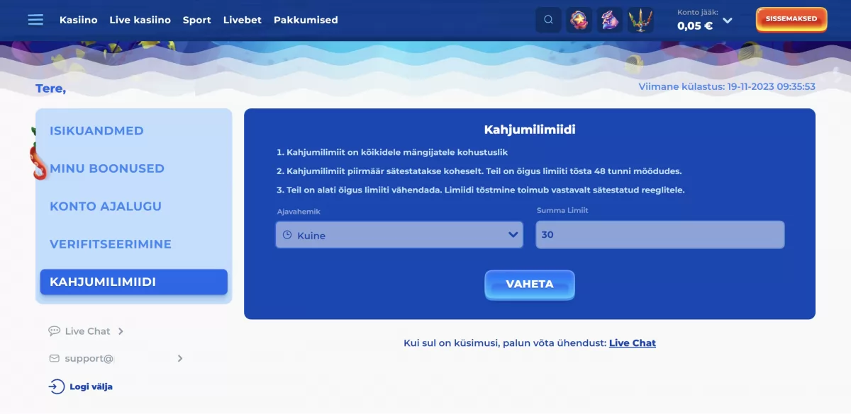 Powbeti kahjumi limiidi seadistamine